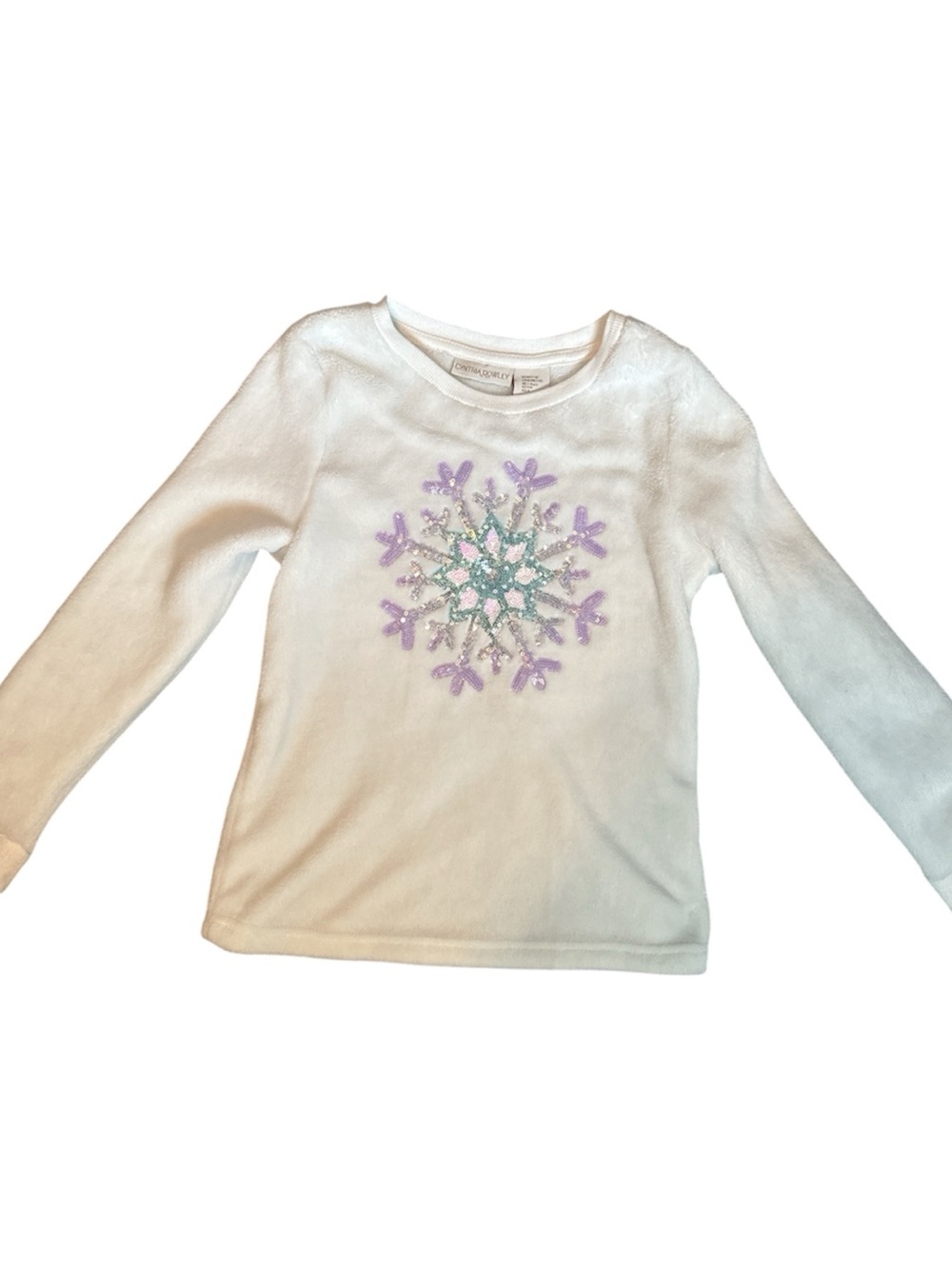 Children's White Long-Sleeve Sweater with Lavender & Teal Snowflake